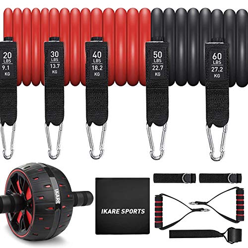 IKARE Exercise Resistance Bands with Handles - 5 Fitness Workout Bands Stackable up to 200 lbs, Training Tubes with Large Handles, Legs Ankle Straps, Door Anchor Attachment, Carry Bag and Wheel Roller