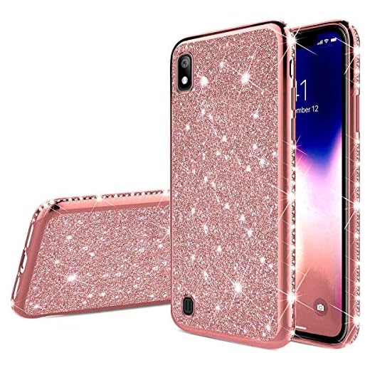 Robinsoni Samsung Galaxy A10 Coque Glitter de Luxe,Coque Silicone Glitter Sparkle Paillette Strass Brillante Etui Housse de Protection Souple en Gel TPU Métal Coque pour Galaxy A10,Rose Gold