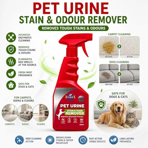Image of LIQUE Pet Urine Stain & Odour Remover Spray - Eliminates Tough Pet Odours & Stains - Safe for Dogs & Cats - For Floors, Carpets & Furniture - 500 ml