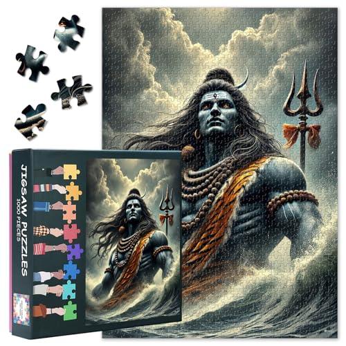 ‌1000 Piece Lord Shiva Jigsaw Puzzle Maha Shivratri Mystical Indian Epics Illustration Premium Paper Puzzle Collector's Edition Spiritual Yoga Decor Hindu Mythology Art 27.5x19.7 Inches