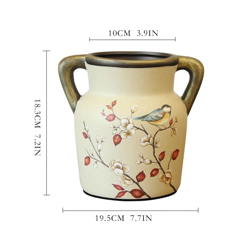 Wazon na kwiaty, Wazon ceramiczny z podwójnymi uszami, dekoracja w stylu vintage motywem kwiatowym
