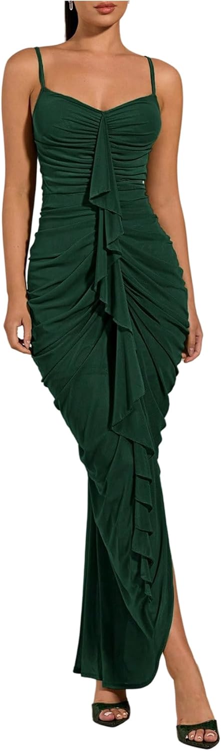 Floerns Women's Ruffle Ruched Cami Dress Draped Split Elegant Bodycon Maxi Dresses