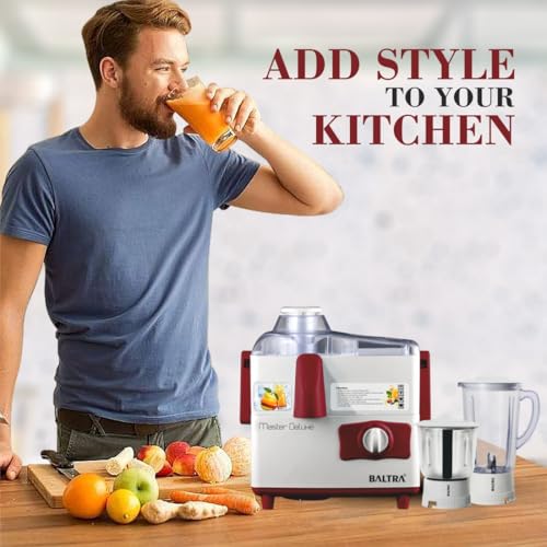 Image of BALTRA Master Deluxe 500W Juicer Mixer Grinder | 2 Jars (1.5L & 1L) | 3-Speed Control | SS Blades | Large Pulp Collector | Ideal for Fruits & Juices | 2-Year Warranty | Compact & Powerful