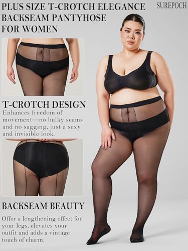 SUREPOCH 2 Pairs Plus Size Backseam Black Pantyhose for Women 20D T - Crotch Nylon Sheer Tights Reinforced Toe 1X 2x 3x 4x3