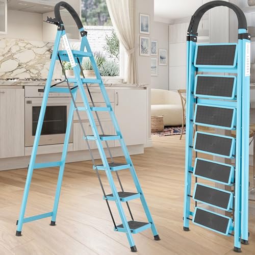 Image of Teal Blue 7 Step Ladder for Home Use with Built-in Tool Tray | Heavy Duty D Shape Rods | Ultra Large Platform | Wide Rubber Feet | 150Kg Capacity Foldable Ladder - 7 Years Warranty
