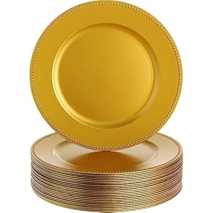 50 Pack 13 Inch Charger Plates Plastic Round Dinner Plate with Beaded Rim Reusable Charger Service Plates Reliable Dinner Chargers for Wedding Party Dinner Table Decoration (Gold)