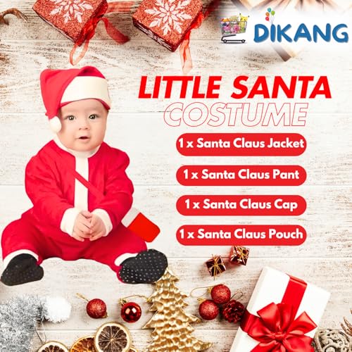 Image of DIKANG Santa Claus Dress for Kids - Unisex | Premium Santa Claus Christmas Dress for Baby Boys and Girls | Santa Costume Set for Kids with Jacket, Pant, Cap and Pouch for Christmas Party