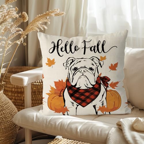 Qiong Meng FALL DOG 1PILLOW-4 Pillow Covers 18X18 Inch English Bulldog Throw Pillow Covers Autumn Harvest Dog Pillowcase Farmhouse Home Decorations Sofa Bedroom Cushion Case thumb #1