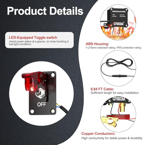 Image of 12V 250A Battery Disconnect Switch Kill Switch | 15A 250VAC ON /Off Illuminated Toggle Panel Switch for Truck RV, 9.84FT Cable,Prevent Battery Drain,in-Car Manual Cut-Off