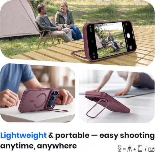 Image of Elzzi Kickstand Case for iPhone 17 Pro Max Case Compatible with MagSafe, Built-in Adjustable Camera Guard Stand, Translucent Matte Anti-Fingerprint Heavy Duty Shockproof Phone Cover - Cherry