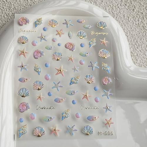 Image of Ocean Nail Stickers Conch Shell Starfish Nail Art Decals with Gold Design 5D Embossed Self Adhesive Nail Stickers Manicure Accessories Supply for Women Girls Kid Nails Charms