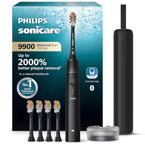 Image of Philips Sonicare DiamondClean 9900 Prestige Electric Toothbrush - with SenseIQ Technology and Advanced AI App, 5 Brushing Modes, 3 Intensity Levels, Charging Travel Case, Quartz Black, Model BD7001AZ