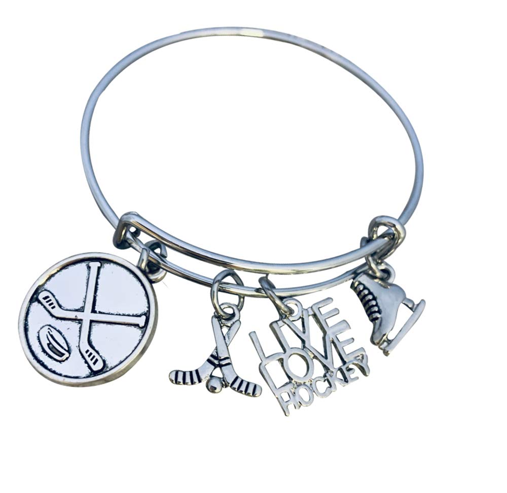 SportybellaHockey Bracelet, Girls Hockey Jewelry- Ice Hockey Puck and Stick Bangle Bracelet for Hockey Players