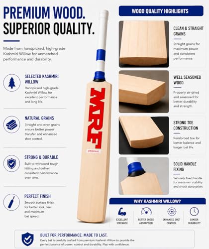 Image of Full Size Kashmiri Willow Cricket Bat SH | Thick Edge Power Hitting | Hard Pressed Blade | Suitable for Hard & Soft Tennis Ball | Free Cover(NOT for Leather Ball)