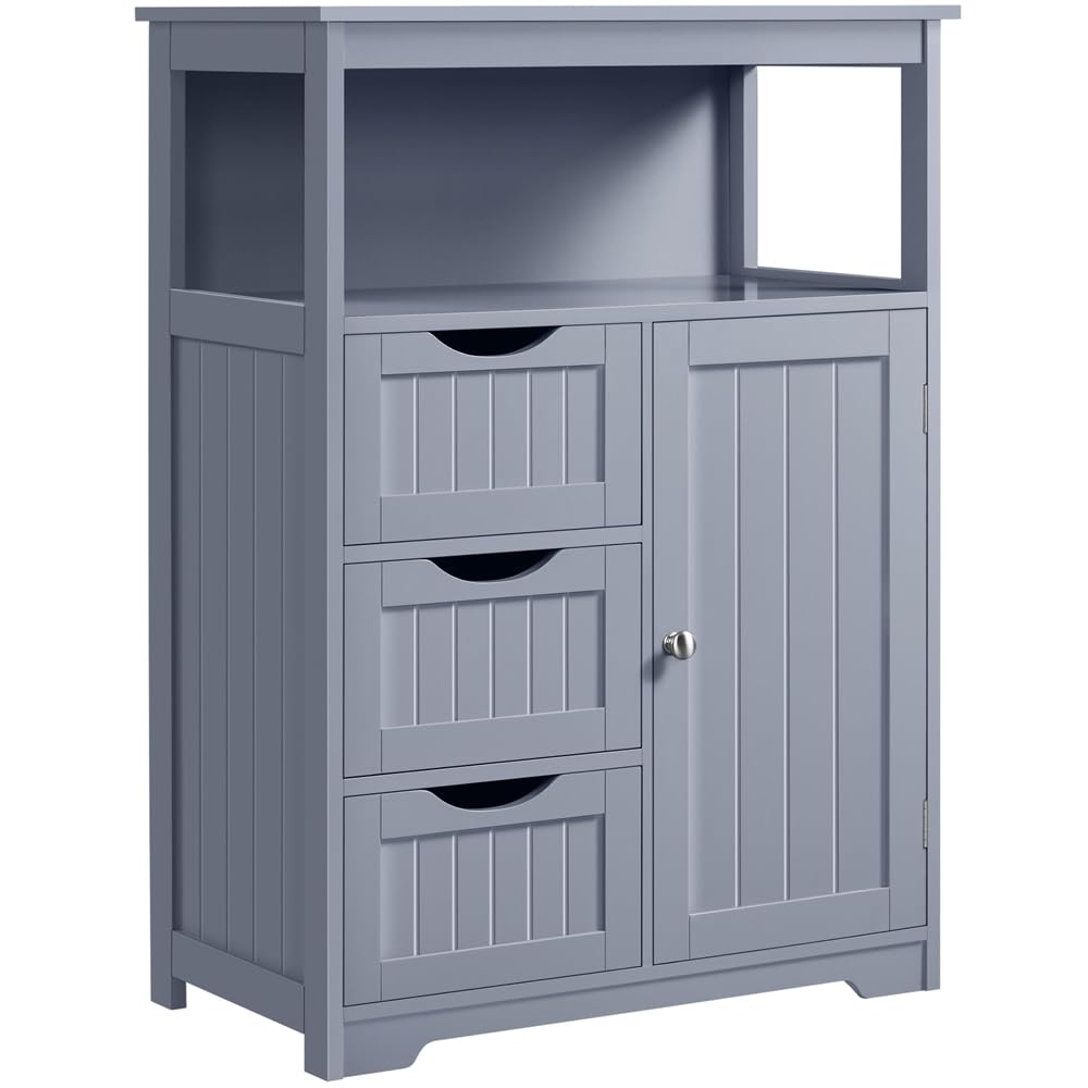Yaheetech Badezimmerschrank, Hochschrank mit 3 Schubladen und Offenem Regal, Kommode für Badezimmer/Wohnzimmer/Küche, 66 × 35 × 90 cm, Grau