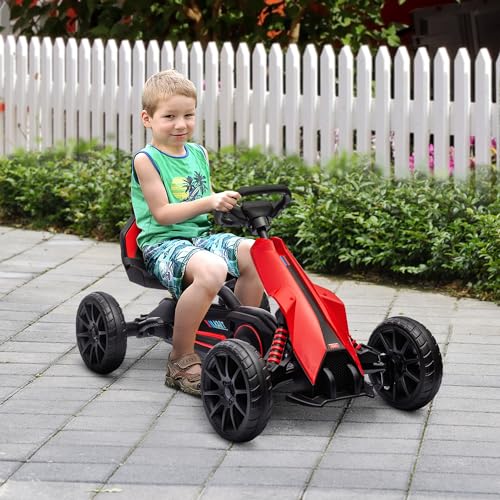 HOMCOM Gokart Tretauto mit Handbremse, verstellbarem Sitz, Vor- und Rückwärtsgang, Tretfahrzeug mit Eva-Räder, Pedal, Kinderfahrzeug Kettcar für Kinder 3-8 Jahren Rot – Bild 3