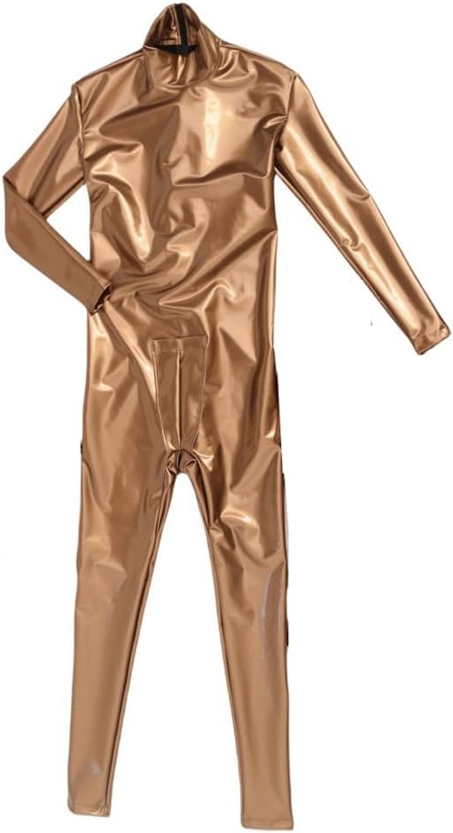 Men's Sexy One Piece Wetlook Synthetic Latex Long Sleeve Back with Zipper Bodysuit Handmade Catsuit Clubwear