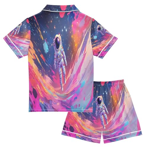 ALAZA Astronaut Colorful Satin Pajamas Set Short Sleeve Button Down Sleepwear Summer Pjs 2 Piece2