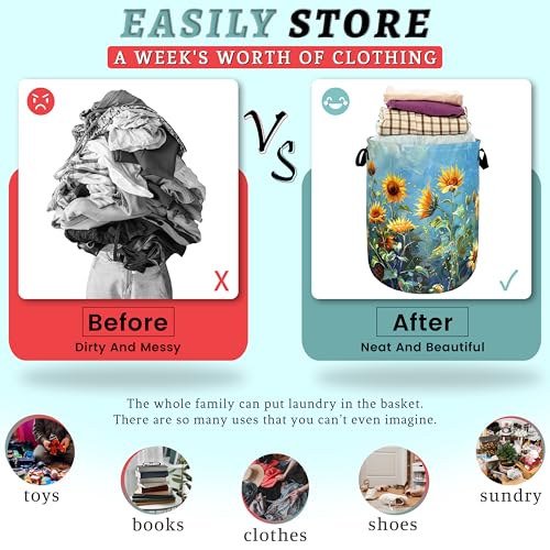 Image of Watercolor Sunflower Laundry Basket Oxford Cloth Hamper 18.9x16.5 Inch