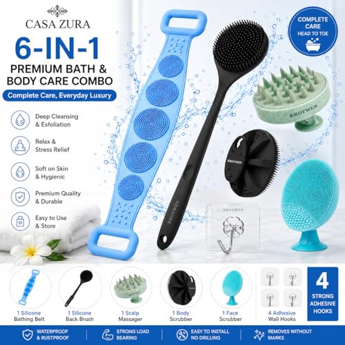 Image of 6-in-1 Silicone Bath and Body Care Combo, Back Scrubber Belt, Long Handle Brush, Body Scrubber, Face Scrubber, Scalp Massager with 4 Hooks