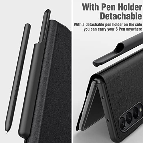 CENMASO for Samsung Galaxy Z Fold 4 Case, Z Fold 4 Case with S Pen Holder Ultra Thin Magnetic Leather Shockproof Protective Phone Cover Case for Samsung Z Fold 4 (Black)
