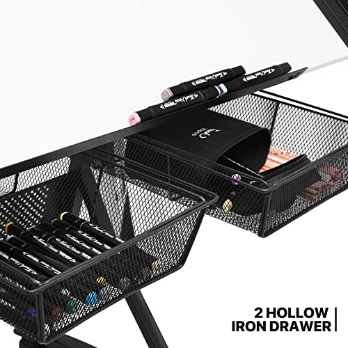 Monibloom Height-Adjustable Drafting Table, Tiltable Tabletop Drawing Table Adult Art Craft Work Station W/Stool For Reading Writing Painting, Homeschooling Desk For Children With 2 Storage Drawers #TOP7