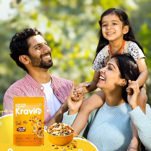 Image of Kravio Premium Trail Mix 200g | Mixed Dry Fruits & Nuts Contains Cashew, Almond, Cranberry, Raisins, Pumpkin, Sunflower & Flax Seeds | Healthy Snacks, 20% Protein, Rich in Fibre, Zero Cholesterol