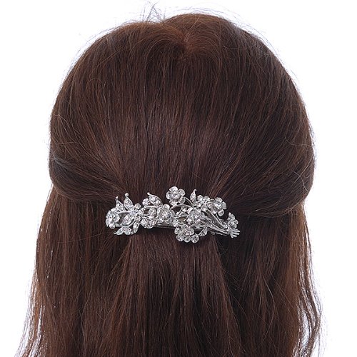 Bridal Wedding Prom Silver Tone Diamante 'Intertwined Flowers' Barrette Hair Clip Grip - 85mm Across, silver, white / ivory - Image 2