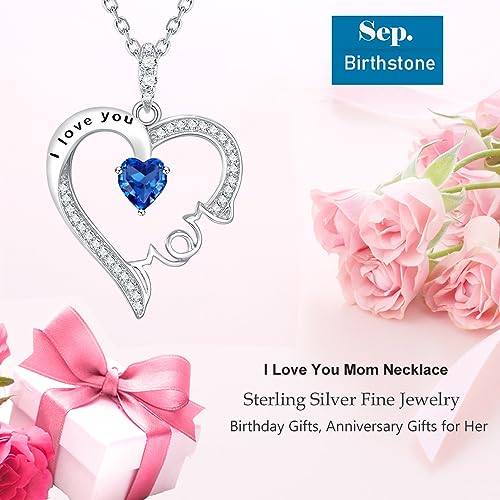 I Love You Mom Necklace for Wife Birthday Gifts Mom September October Birthstones Blue Sapphire Opal Tourmaline and More Stones Jewelry for Women 925 Sterling Silver Heart Pendant Necklace2