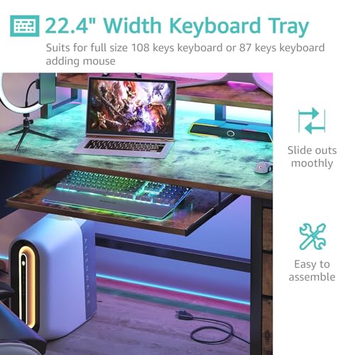 Image of Lufeiya Gaming Desk with LED Lights and Power Outlets, 47 Inch Home Office Desks with Keyboard Tray, Computer Desk with File Drawers Cabinet, Writing Table PC Desks with Monitor Stand, Rustic Brown