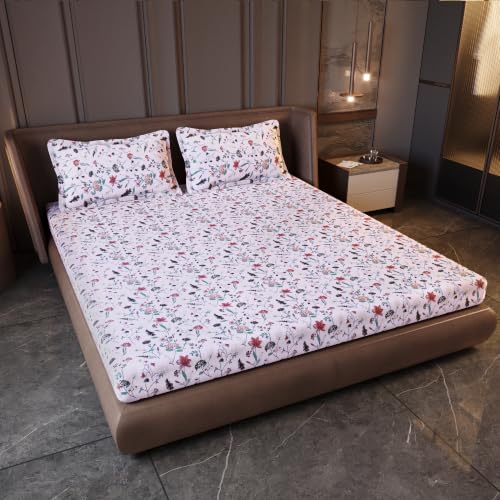 Image of Divine Casa King Size Fitted Bedsheet with 2 Pillow Covers (200 x 180 CM) | Cotton Twill Satin Floral Print |Rose Pink Elastic Fitted Sheet for Mattress.