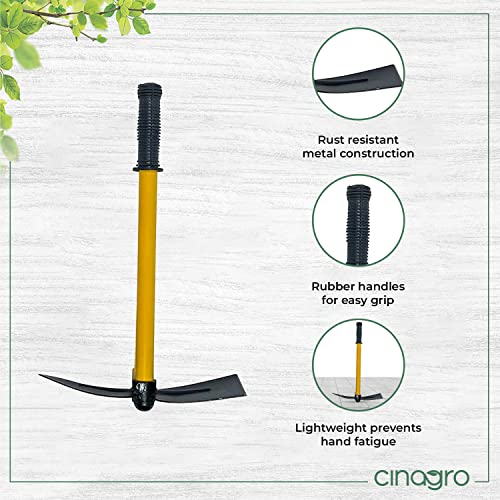 Image of Cinagro 16 inch Two-in-One Gardening Tool, Pick Axe & Hoe with Rubber Handle, Heavy-Duty Metal Gardening Tool (Black and Yellow)