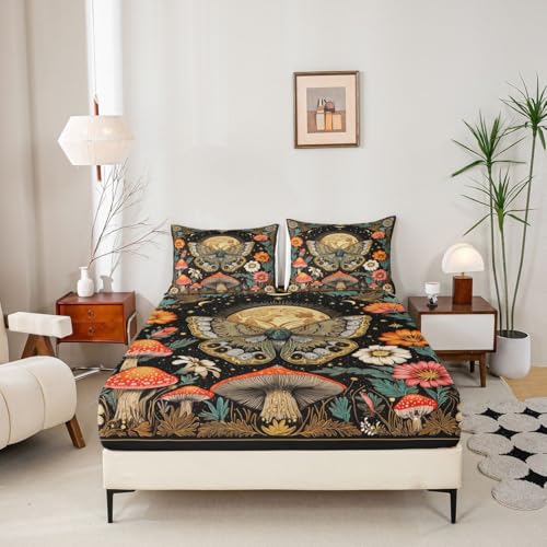 Image of Loussiesd Death Moth Fitted Sheet with 2 Pillowcases Double Size Boho Moth Bed Sheets Set 16" Deep Pocket for Kids Girls Decor Sun Moon Bedding Breathable Soft Boho Exotic Bedroom Decor Bedclothes