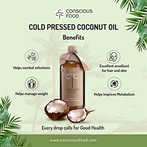 Image of Conscious Food Cold Pressed Coconut Oil in Glass Bottle | Certified Organic | 100% Pure | Good for Cooking | Boosts Heart Health Skin Care | Coconut Oil - 100ml