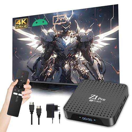 Z1 Pro Caja TV Android 10.0 2025, Smart Box 4K Ultra HD de Canales por Internet para TV con WiFi 2.4GHz + 5GHz, Quad-Core H313, USB 2.0, Mando a Voz por Bluetooth, Compacta y Potente