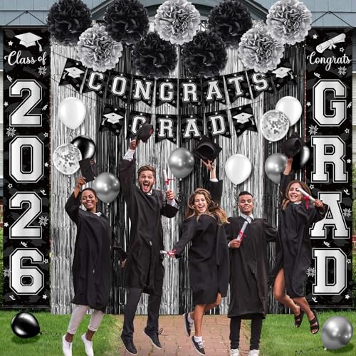 Image of Graduation Party Decorations Class 2026, Graduation Decorations with Congrats Grad Banner Fringe Foil Curtain Paper Flower Ball Balloons for High School College Graduation Party Supplies, Black Silver