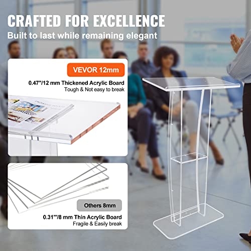 VEVOR Acryl-Podium Stehpult Rednerpult, 119,8 cm Klarer Acryl-Podiumsständer mit Breiter Lesefläche & Ablagefach, Stehschreibtisch für Büro, Schule, 15 kg Tragfähigkeit Podium-Ständer Transparent