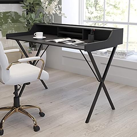 Merrick Lane Jordi Desk Contemporary Black Office Computer Writing Desk with Top Shelf and Center Storage Compartments Cover