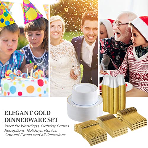 600 Piece Gold Dinnerware Set 100 Guests, Disposable Gold Rim Plates, 100 Dinner Plastic Plates, 100 Salad Gold Plates, 100 Gold Plastic Silverware, 100 Gold Plastic Cups Wedding Birthday Parties #TOP5