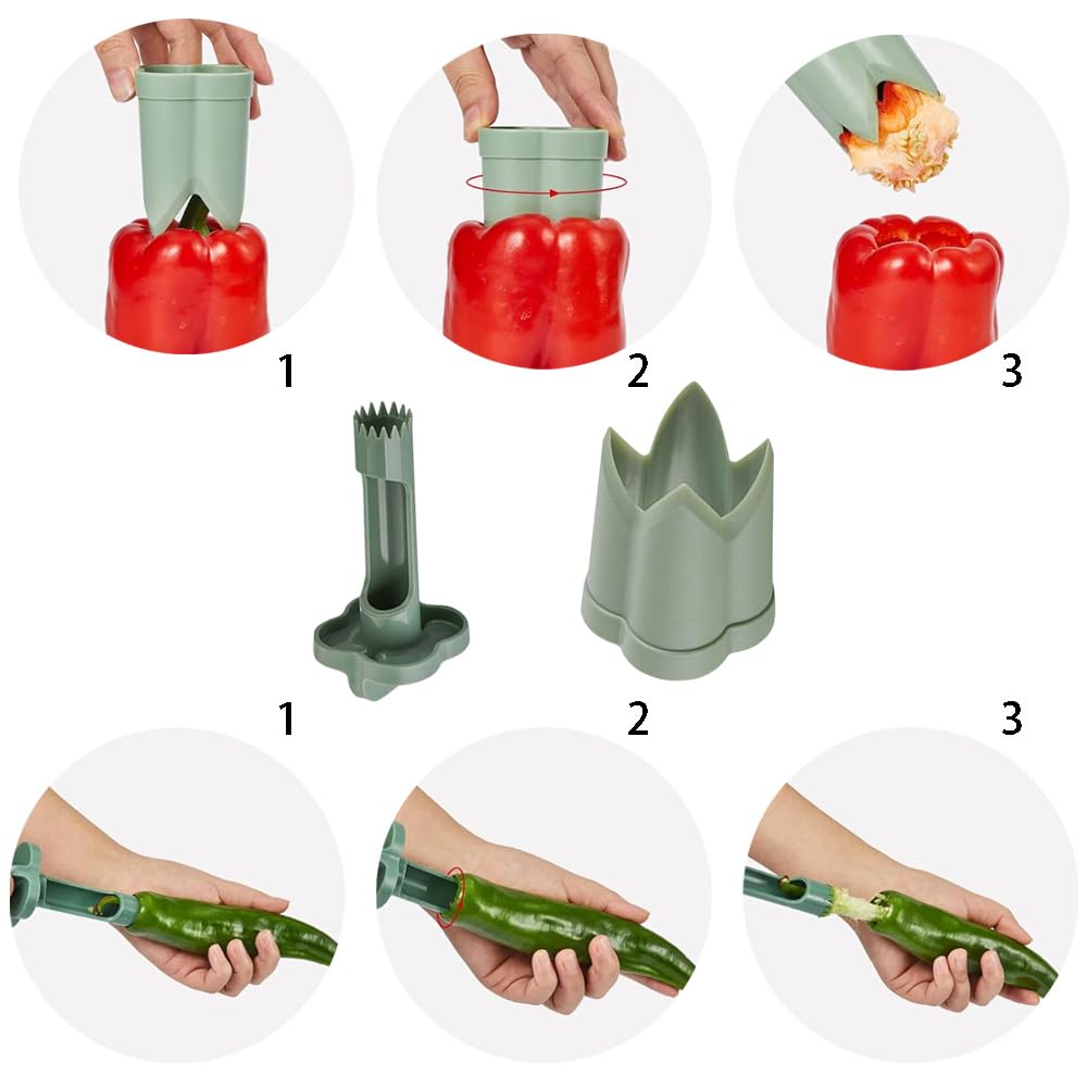 Descorazonador de Pimientos 2 en 1 Removedores de Semillas de Pimiento Herramienta para Quitar Semillas para Cocina Hogar Familia Camping (Verde)