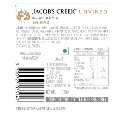 Image of Jacob's Creek UNVINED Shiraz Non Alcoholic Red Grape Still Wine