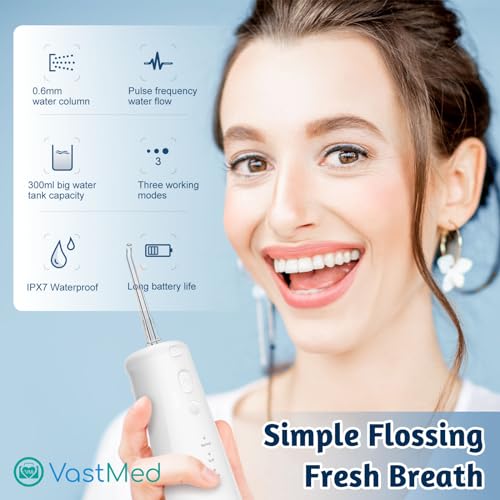 VASTMED Water Dental Flosser Cordless for Teeth Cleaning | 3 Modes Oral Irrigator for Dental Cleaning with 2 Jet Tips 300ML Braces Flossers Cleaner | Portable IPX7 Waterproof for Home Travel - Thumbnail 2
