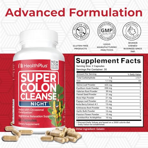Health Plus Super Colon Cleanse Night Formula Digestive Support | Constipation Relief to Reduce Bloating with Probiotics and Valerian Root for Sleep | More than 1 Cleanse, 60 Capsules - Image 3