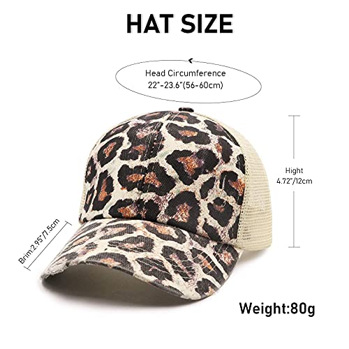 Promindfun Womens Ponytail High Messy Bun Hats Distressed Baseball Caps Unconstructed Washed Dad Hat Girls Trucker Ponycaps (10-Brown Leopard) #TOP3