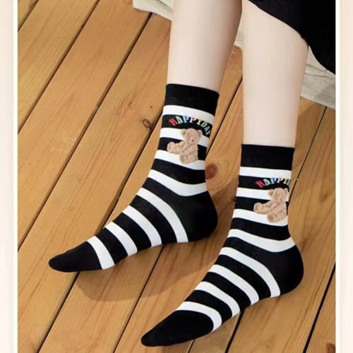 5 Pairs Cute Socks for Women-Cotton Mid Calf Socks - Floral & Cartoon Design with Ruffle Trim4