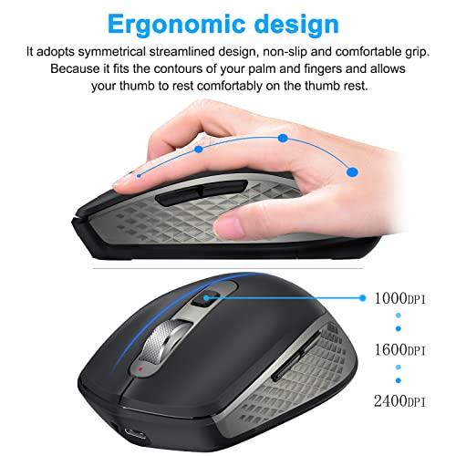 Fedarfox Bluetooth Mouse For Laptop - Wireless Rechargeable 2.4G Usb Receiver Ergonomic Silent Cordless Mice For Multi-Devices,Compatible With Tablet Pc Computer Windows Linux Mac (Grey Black) #TOP3