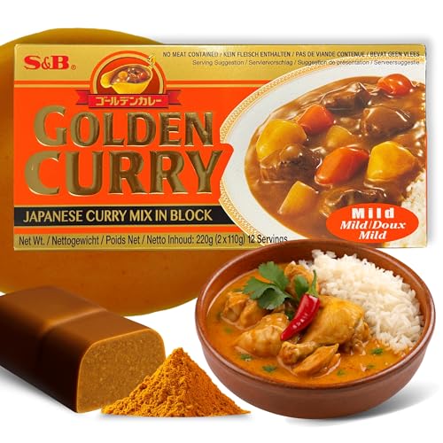 Curry Japones en Pastilla, Pastillas de Golden Curry, Pasta curry japonés suave, Elaborado con 35 especias diferentes, Apto para elaborar unas 12 raciones, Poco picante, Contiene 220 gr