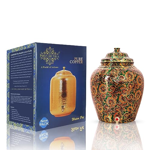 Image of Indian Art Villa Printed Design Copper Water Dispenser Pot Matka, Storage, Home Garden, 6 LTR, Bottle Green