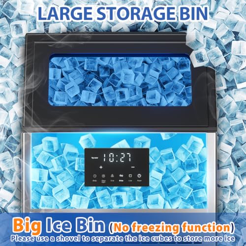 Image of Ice Maker Machine Commercial 150Lbs /24H - Freestanding Ice Maker Under Counter Ice Machine Stainless Steel, 55 Ice Cubes /Cycle, 2 Ways Water Inlet, Large Storage Bin for Bar Home Office Restaurant