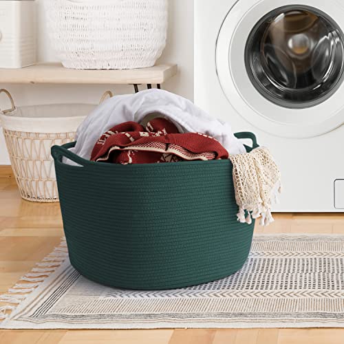 Woven Rope Basket For Blankets, Extra Large Laundry Basket, Maliton Baby And Pet Toy Basket, Towel Basket With Storage Pockets, Blanket Holder Bin 20" X 20" X 13", Rope Baskets For Storage, Green #TOP6